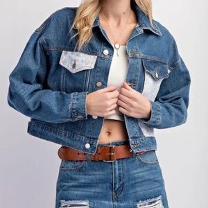 Easel Jean Jacket Purple and White patchwork accents.